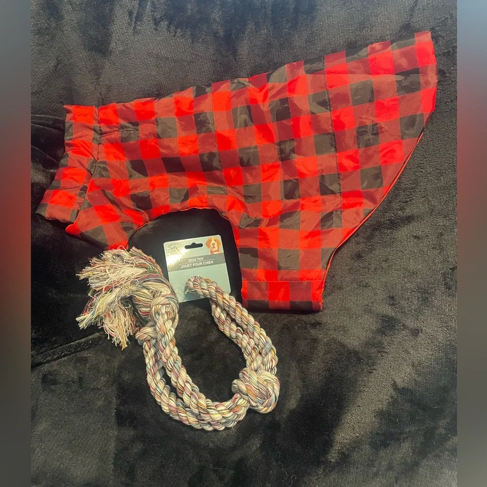 Plaid Dog Coat & NWT Rope Toy | Red Black Buffalo Check | Lightweight Jacket